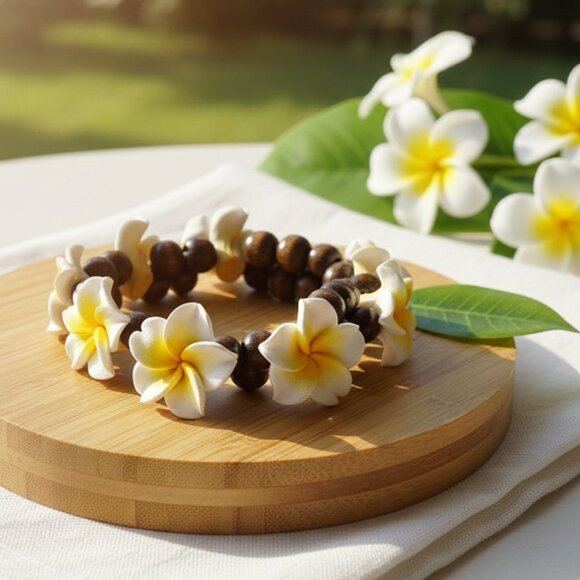 Plumeria Wooden Bead Bracelet Tropical Flower Stretchy Ocean Boho Hawaii Surfer - Picture 1 of 1
